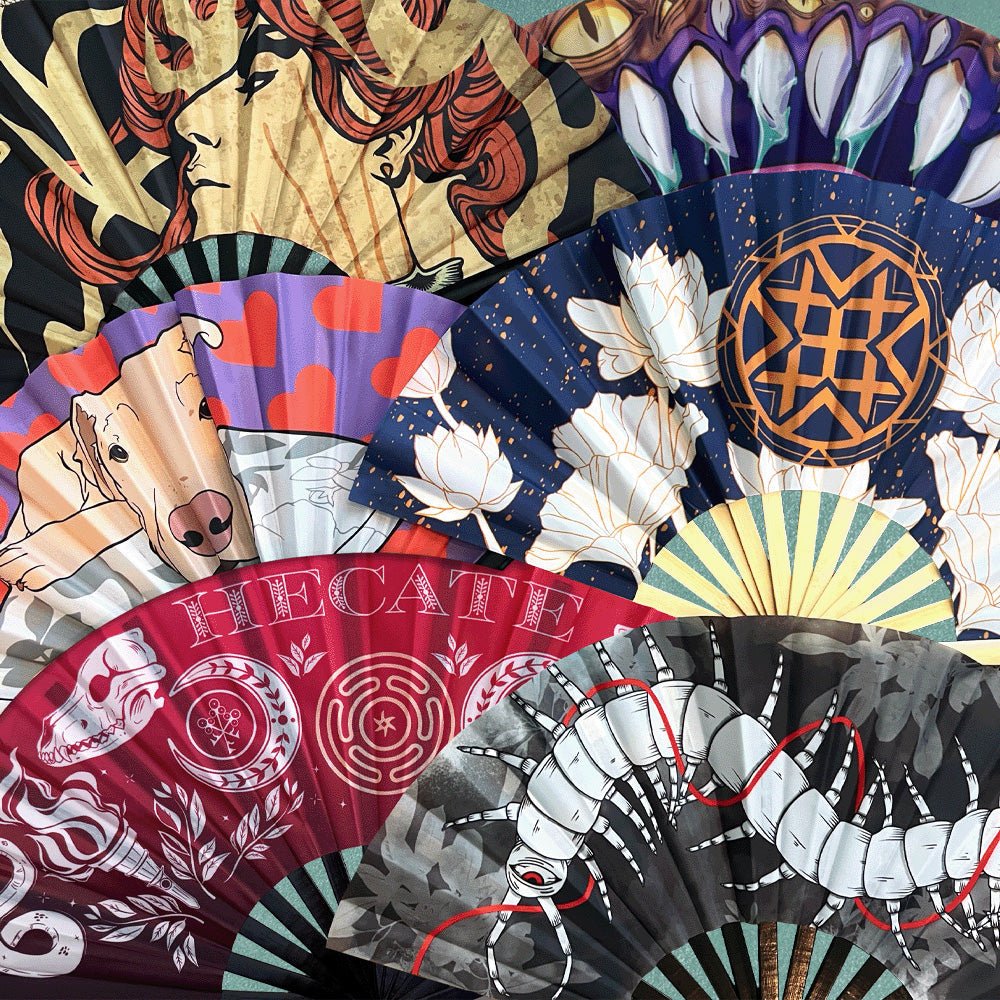 Custom fabric clack fans with colorful full-print designs displayed in a fan arrangement