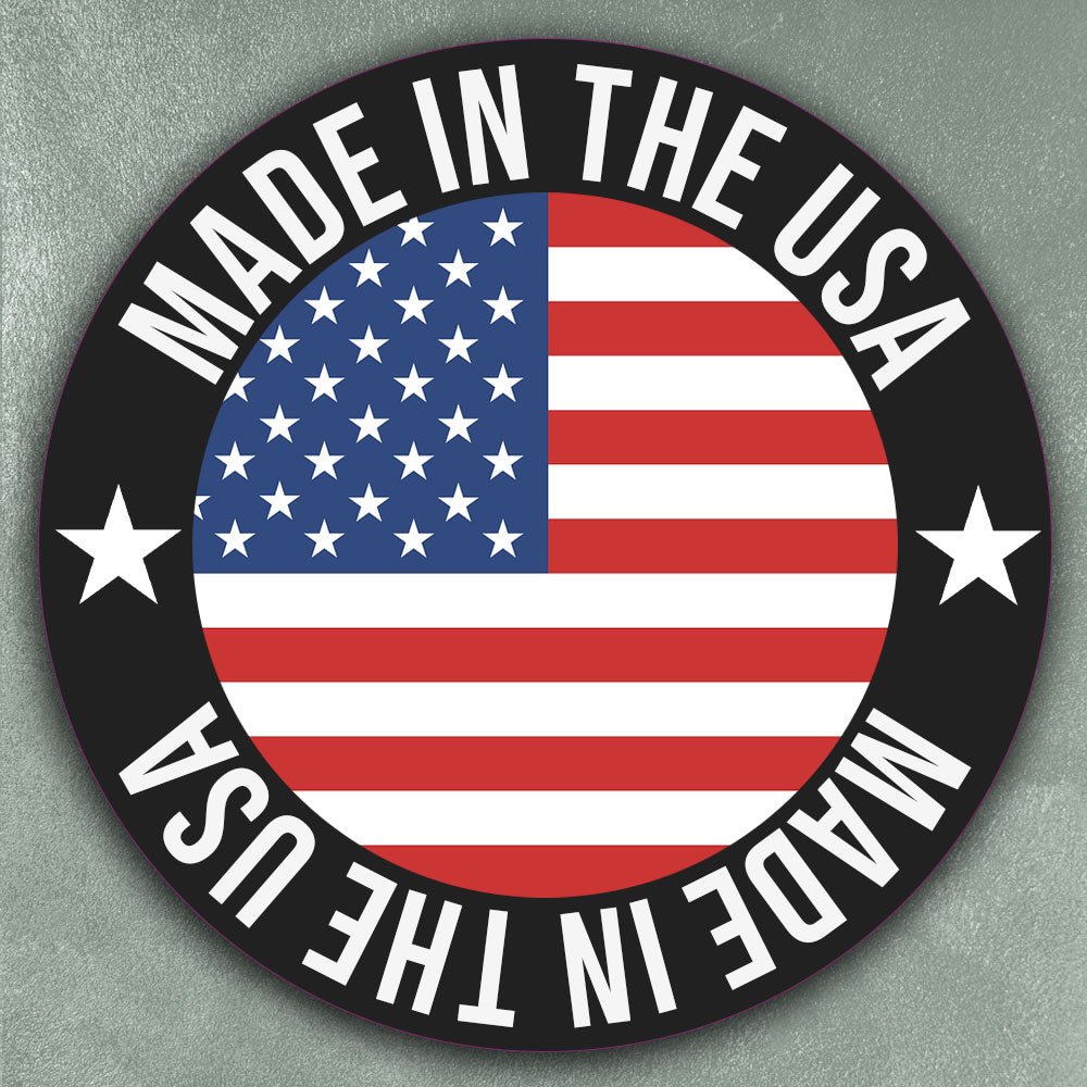 Round Made in the USA badge with American flag design representing USA-manufactured custom merchandise