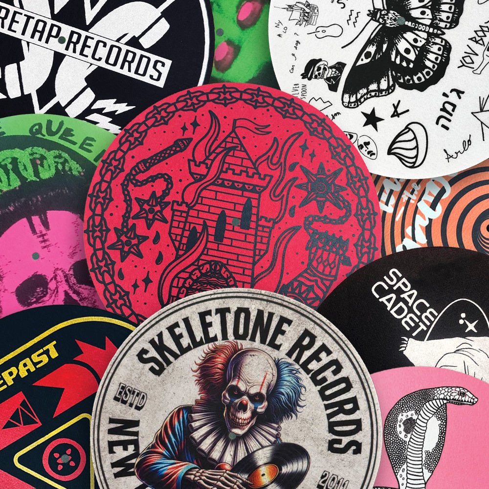 Custom felt vinyl record slip mats with sublimated and screen printed designs for turntables