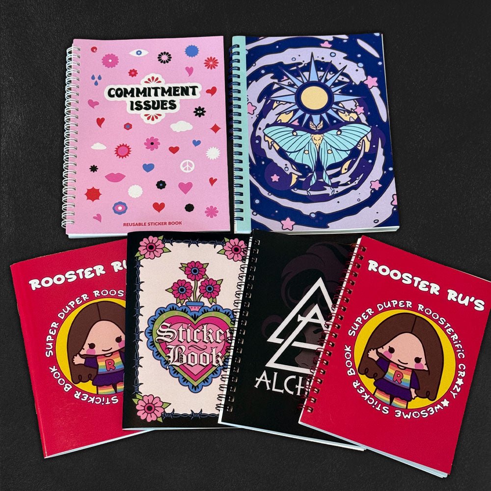 Custom sticker books with colorful illustrated covers in spiral bound and saddle stitch binding styles