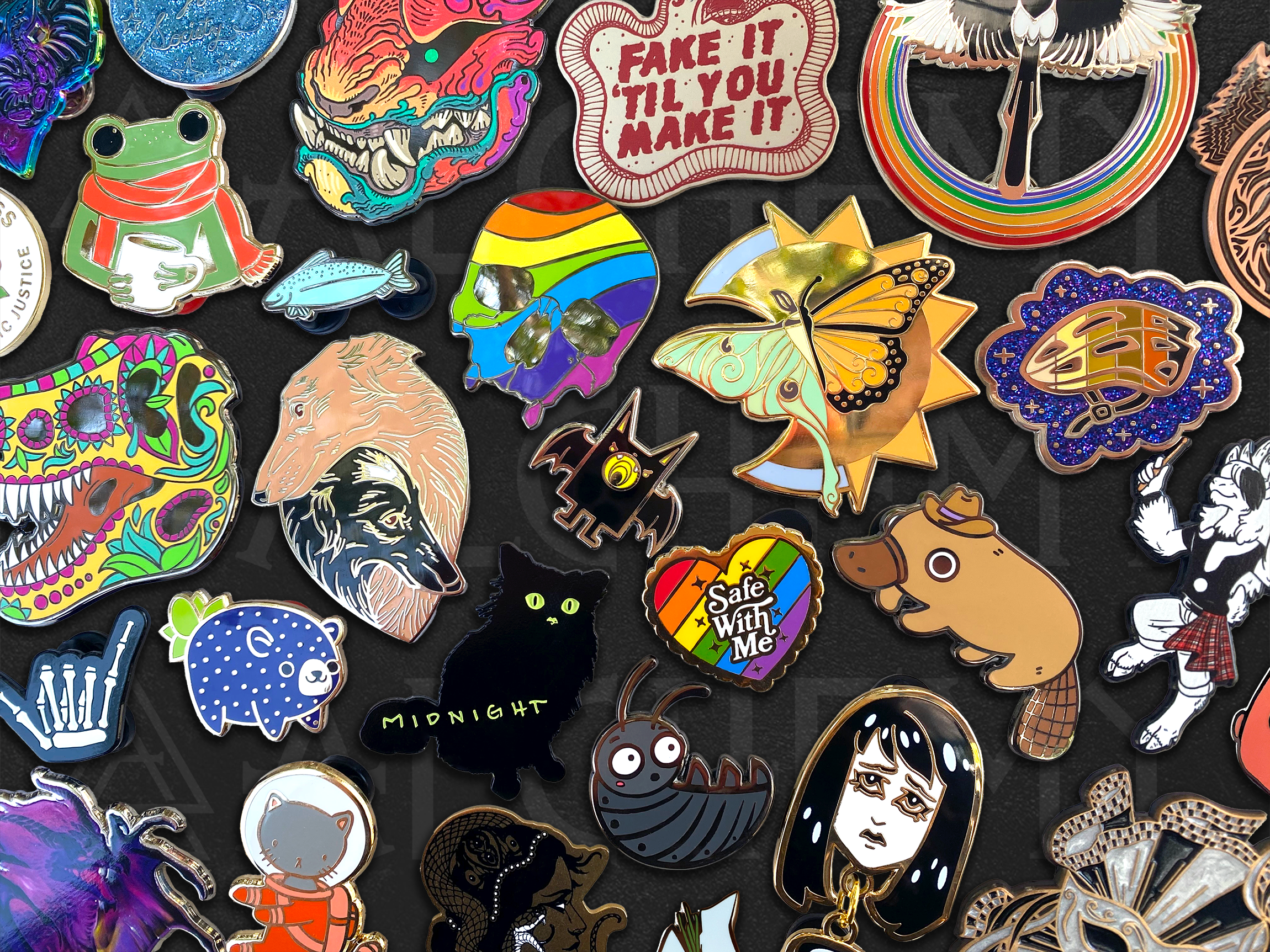 Custom enamel pins by Alchemy Merch featuring colorful artistic designs including animals, butterflies, skulls, and pride pins