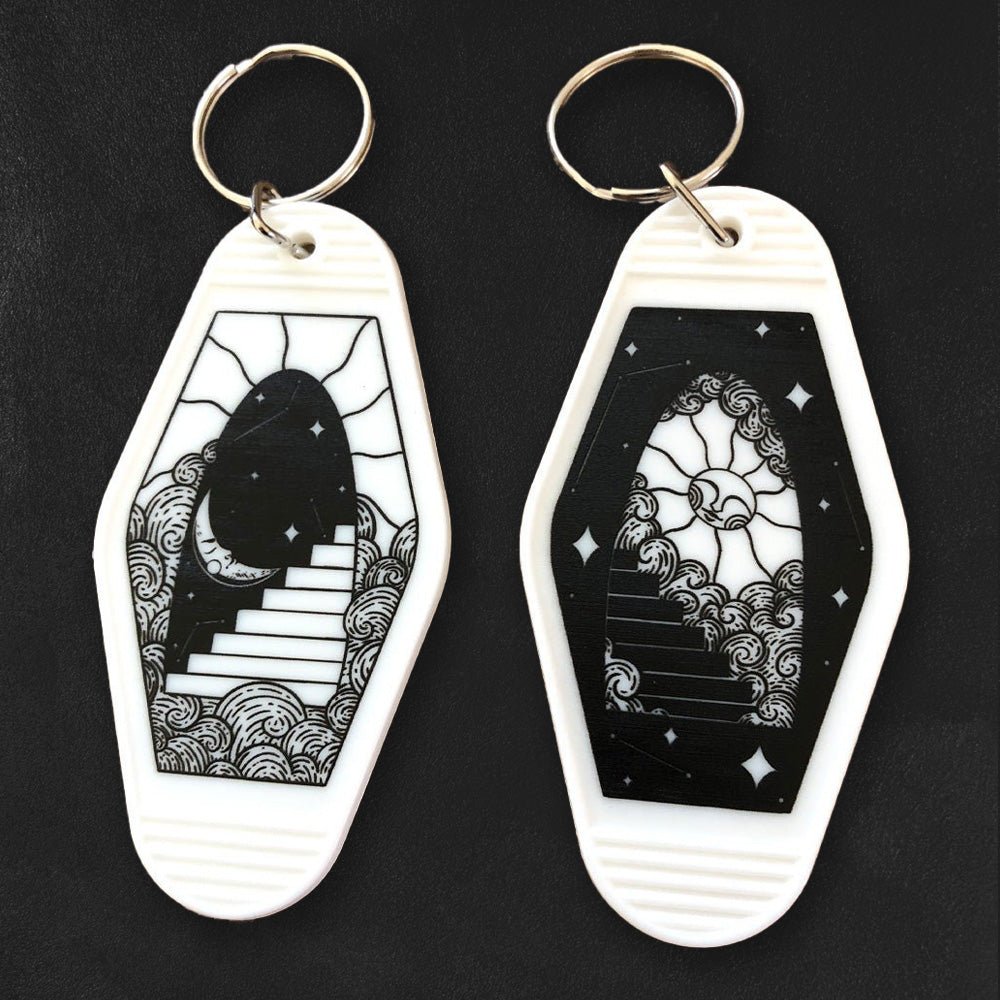Custom Motel Keychains, UV Printed Full Color — reverse side and backing detail