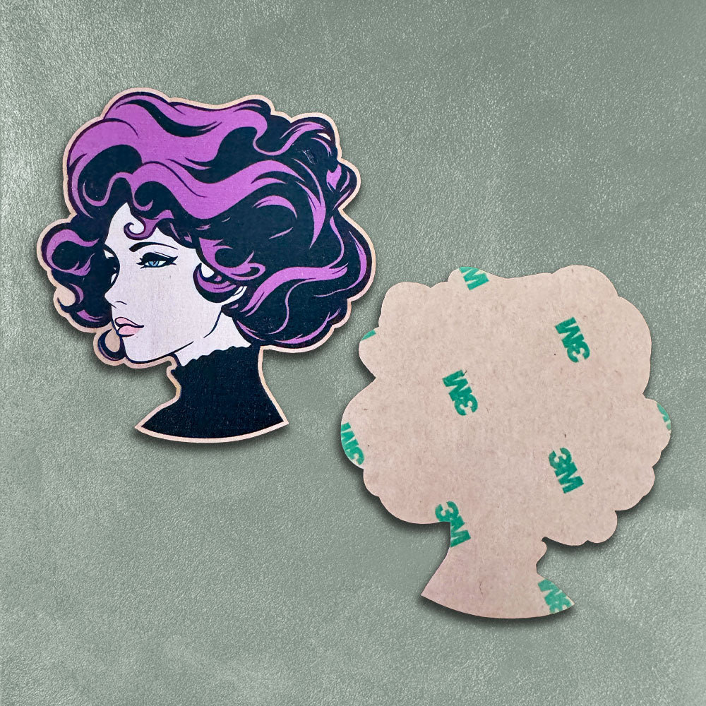 Custom UV Printed Wooden Stickers, Made in USA — reverse side and backing detail