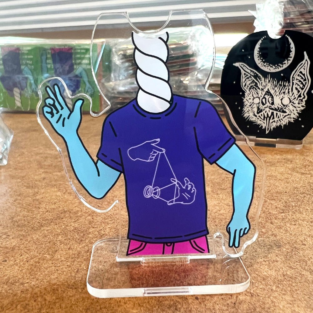 Custom Single-Sided Acrylic Standees with Base — close-up detail view