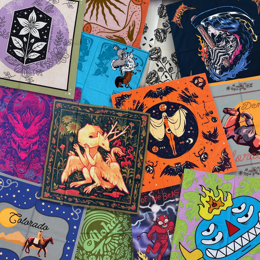Collection of custom printed cotton bandanas with colorful full-color designs and illustrations