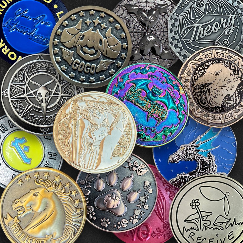 Custom 2D and 3D challenge coins with detailed metal finishes and enamel fill designs