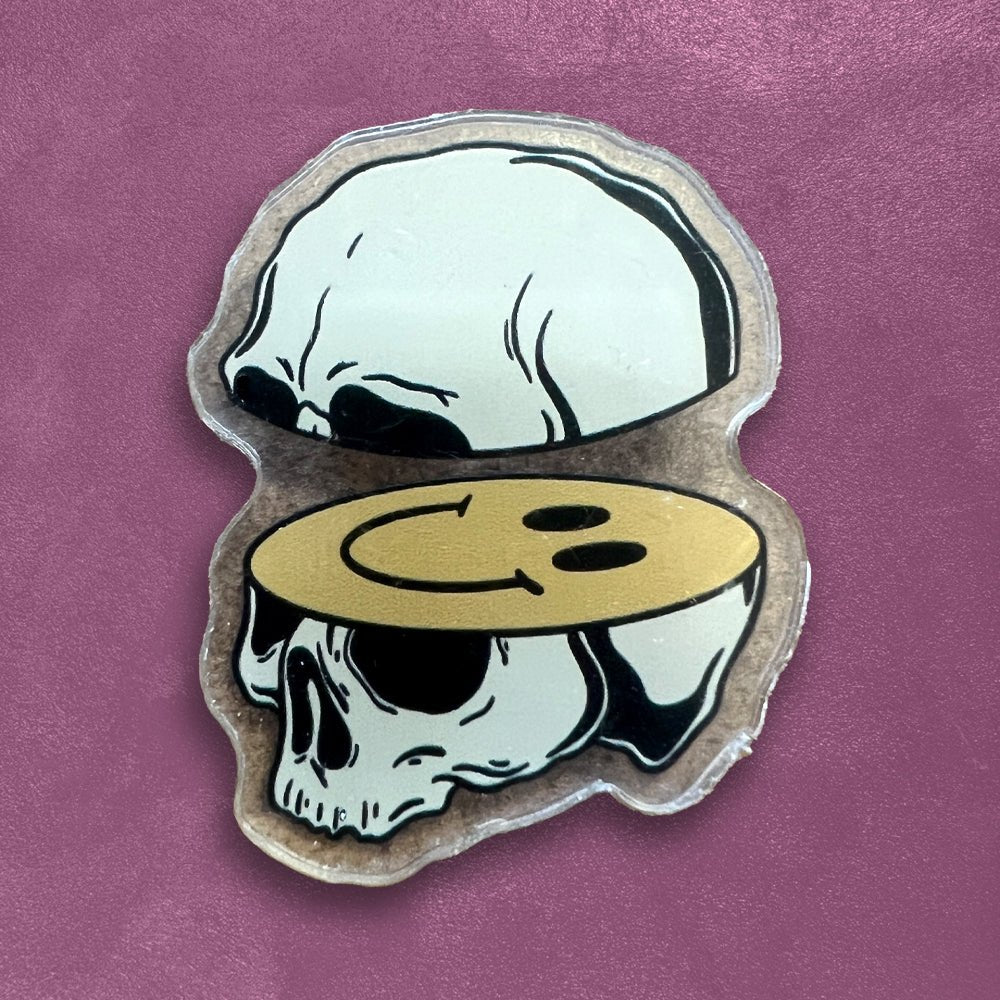 Custom Acrylic Pins, Full Color, Lightweight — reverse side and backing detail