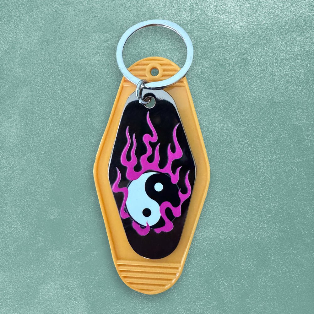 Custom Metal Motel Keychains, UV Printed — reverse side and backing detail