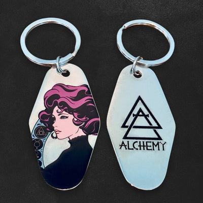 Custom Metal Motel Keychains, UV Printed — close-up detail view