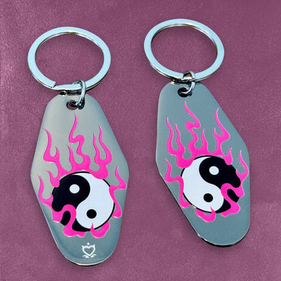 Custom Metal Motel Keychains, UV Printed — color and finish variations