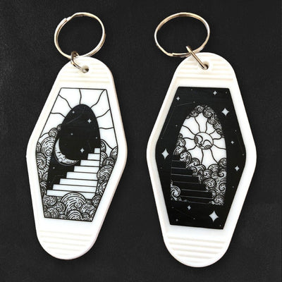 Custom Motel Keychains, UV Printed Full Color — reverse side and backing detail