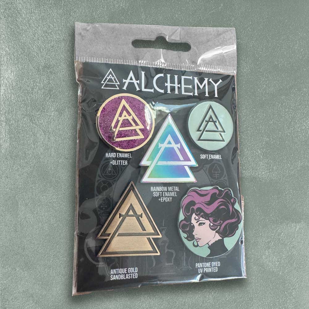 Custom Pin Styles Example Set, 5 Pre-Made Pins — color and finish variations