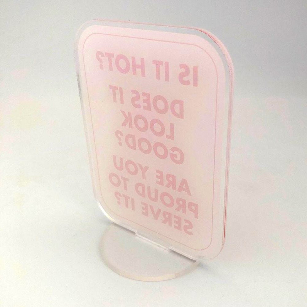 Custom Single-Sided Acrylic Standees with Base — full color print example
